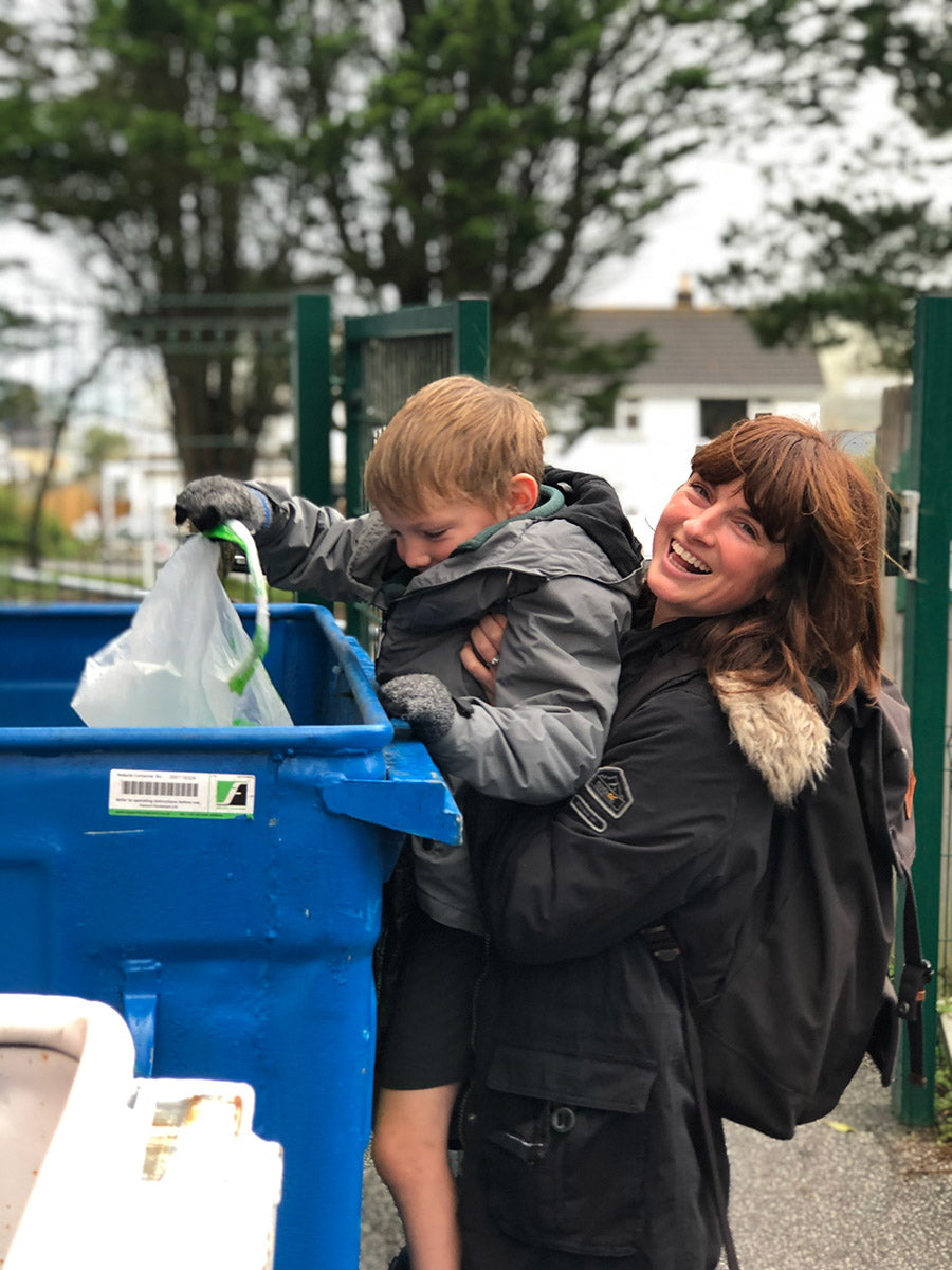parents and children collect litter at Perranporth school