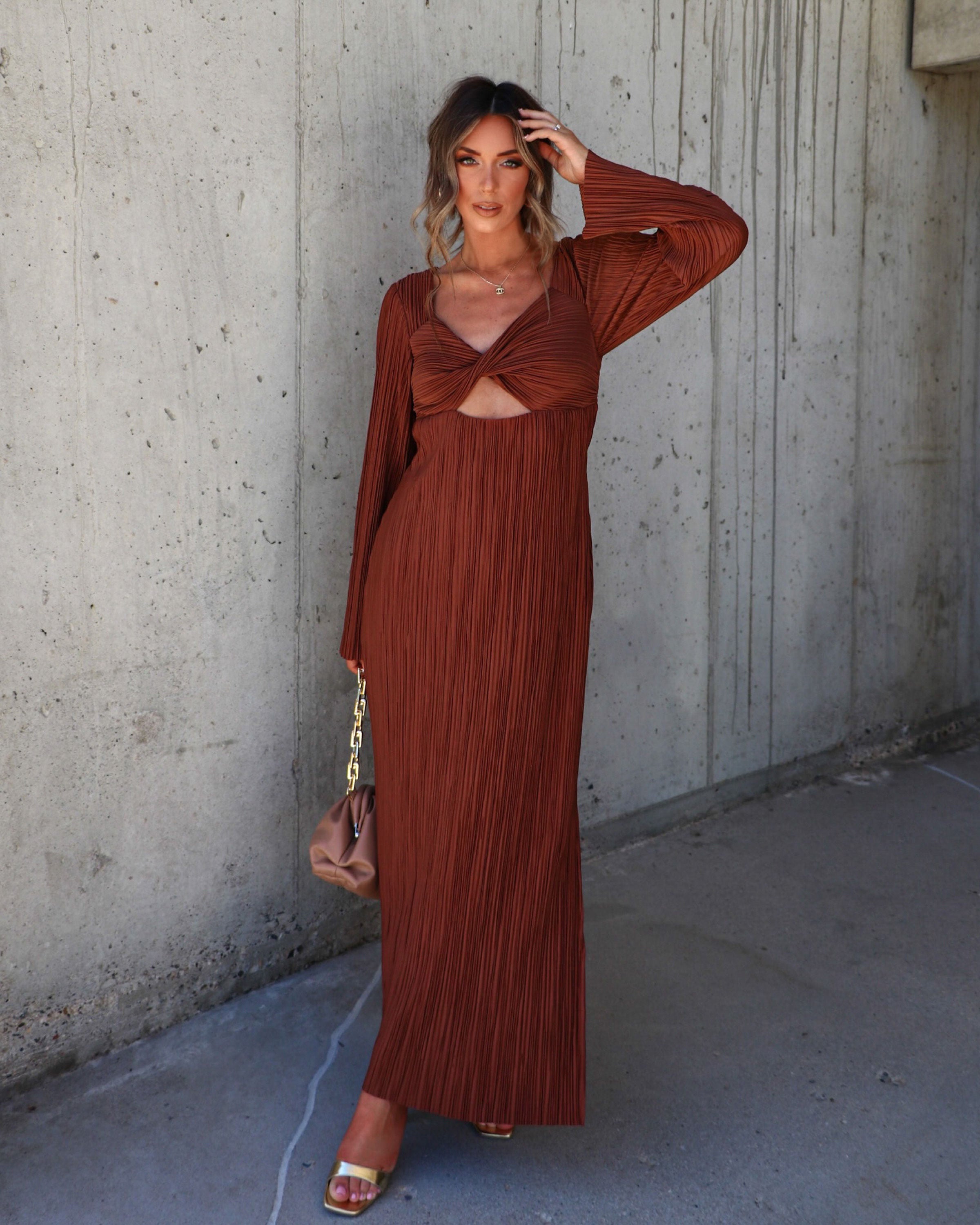 

Grand Entrance Plisse Cutout Maxi Dress