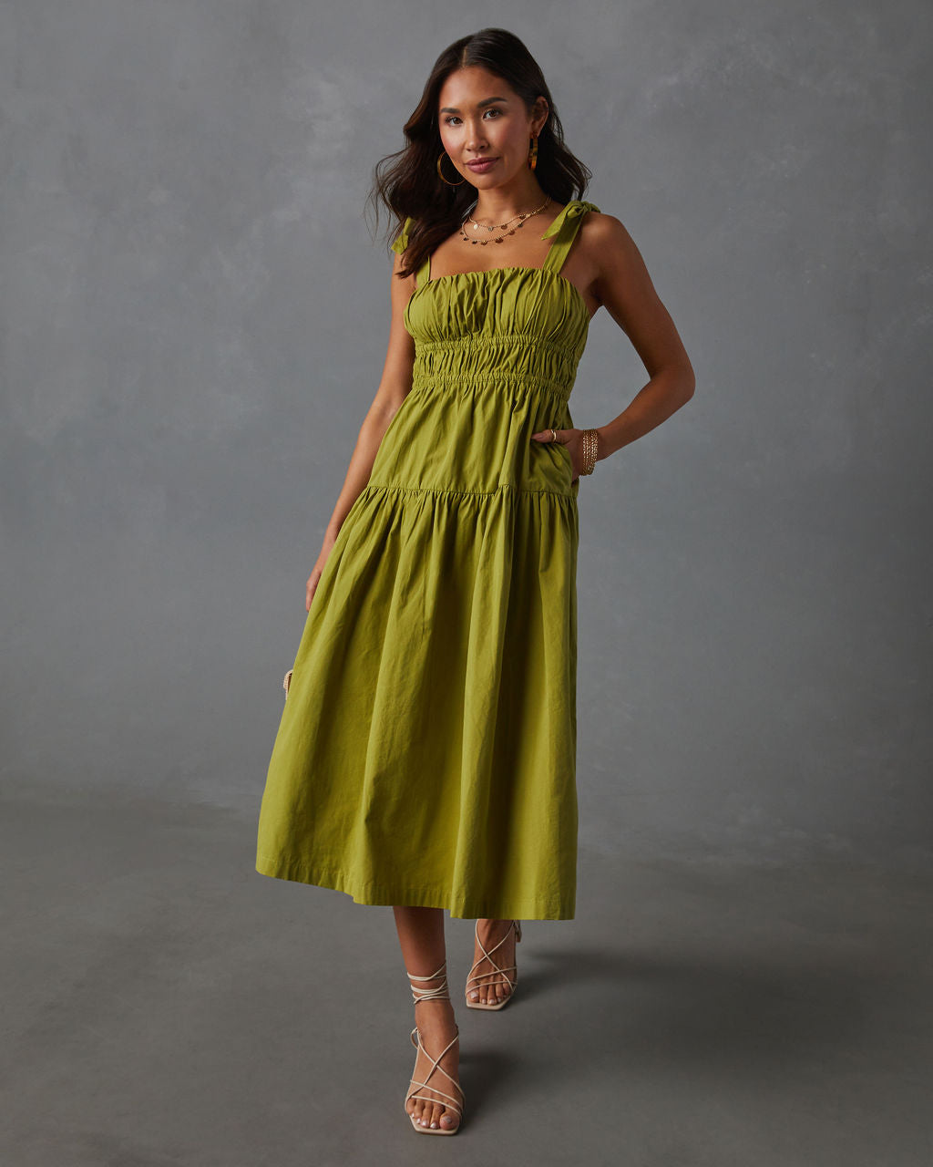 

Briella Tie Shoulder Tiered Midi Dress