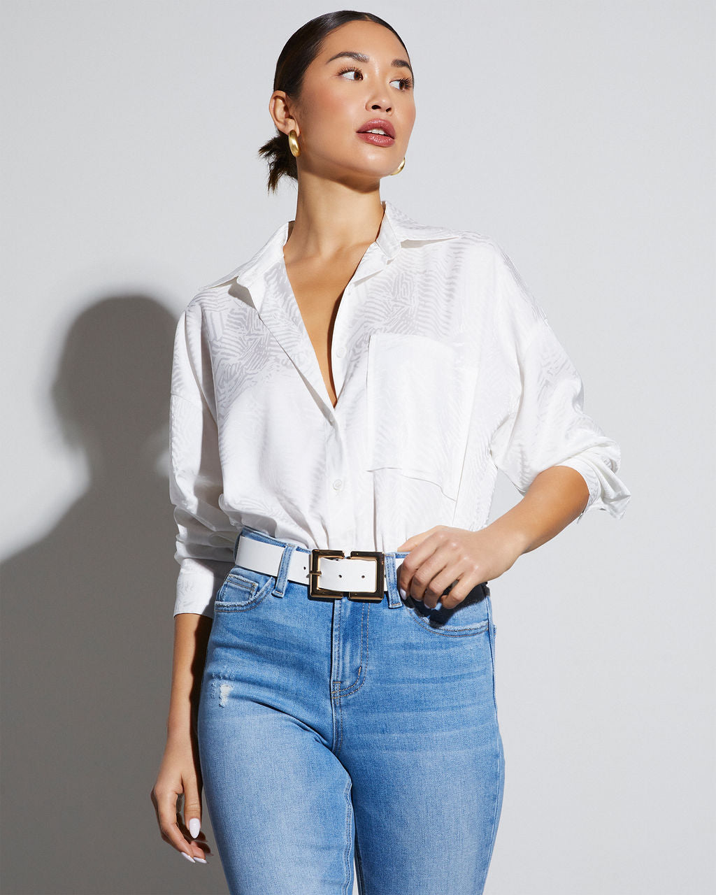 

Sherlyn Satin Embossed Button Down Top