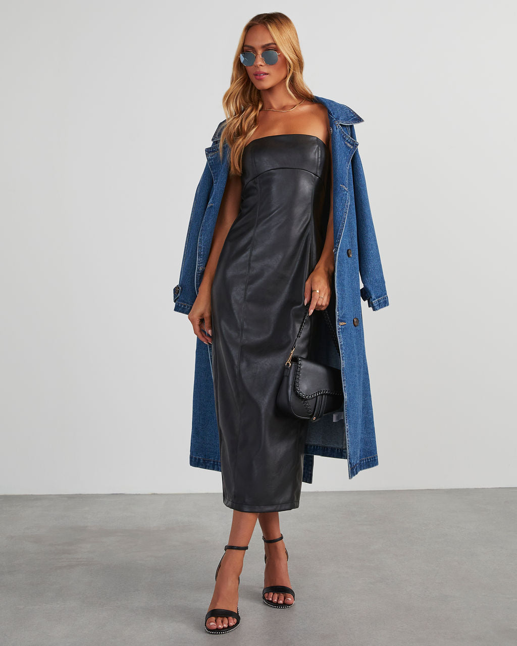 

Reeva Strapless Faux Leather Midi Dress