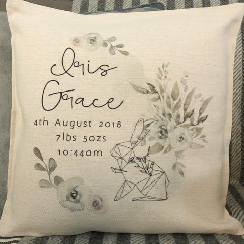 Personalised New Baby ... Geometric Hare Linen Style Cushion - New Born - Birth - Baby Girl