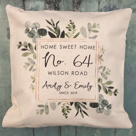 Personalised Home Sweet Home Botanical Design New Home Quote Linen Style Cushion