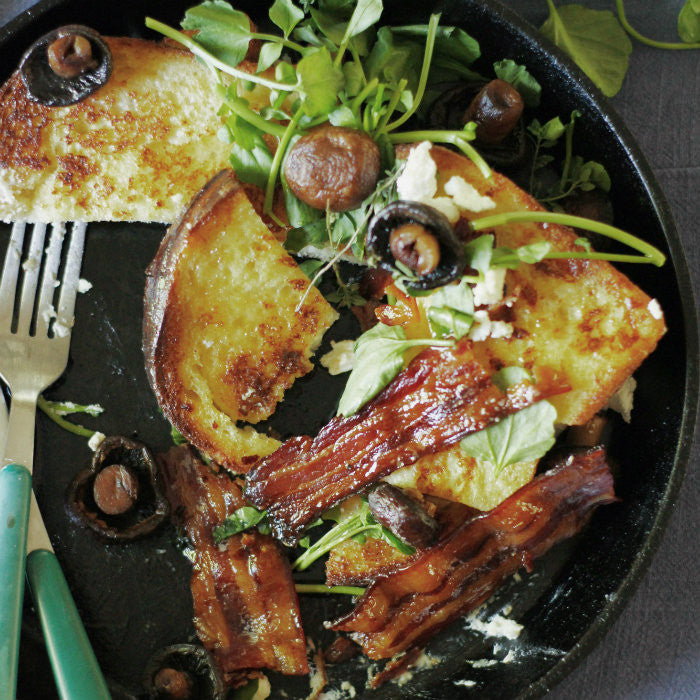 Burnt Butter French Toast with Maple Thyme Bacon, Mushrooms, Watercress and Goats Cherve