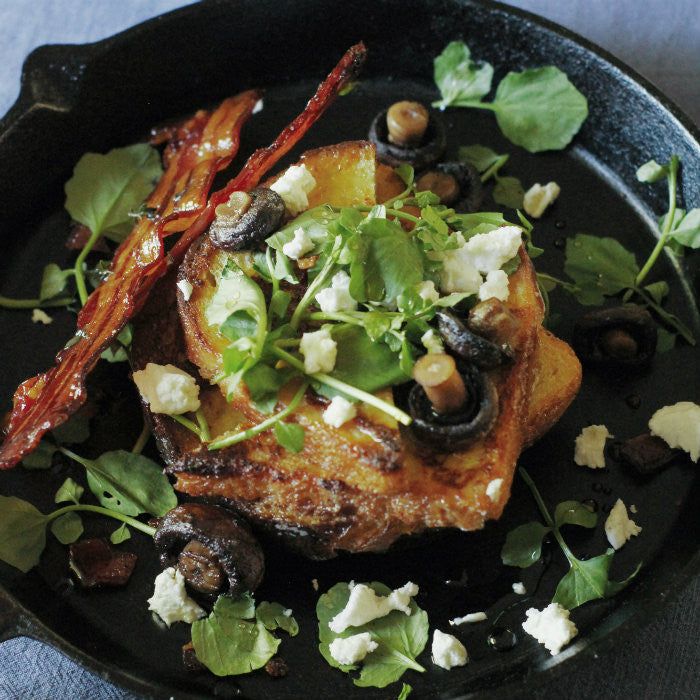 Burnt Butter French Toast with Maple Thyme Bacon, Mushrooms, Watercress and Goats Cherve
