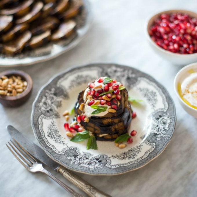 Imperfect Eggplant and Yoghurt Stack with Pine Nuts & Mint