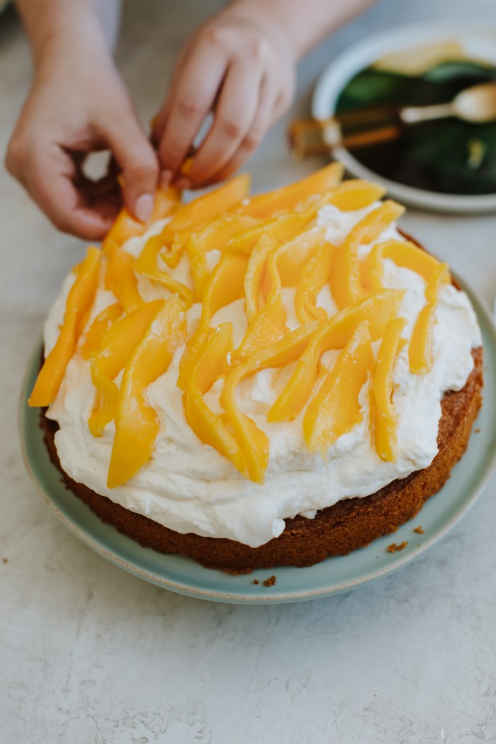 vanilla cake with mango and coconut