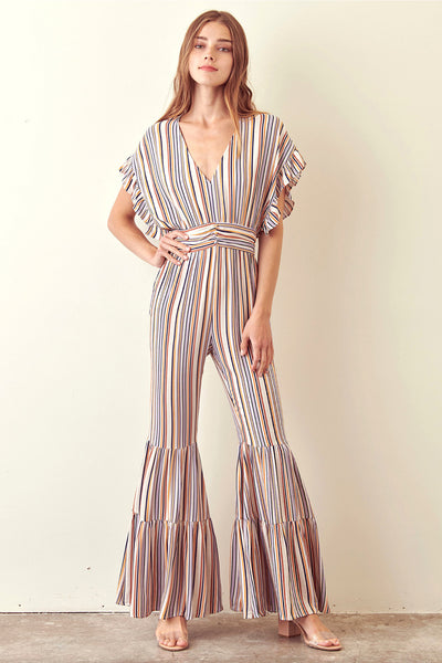 striped bell bottom jumpsuit