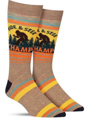 Funny Bigfoot socks that say, "Hide & Seek Champ"