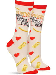 Funny socks that say, "Fries before guys"