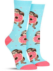 Funny women's socks with sloths eating donuts