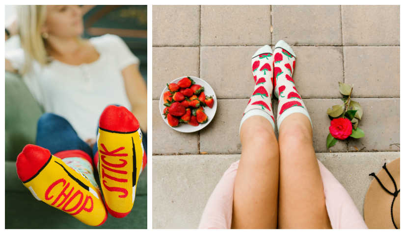 Cute collage of strawberry and chopstick sock by Woven Pear