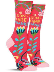 Funny socks that say, "Hi, I don't care. Thanks."