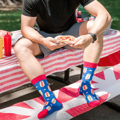A man wearing crazy hot dog novelty socks