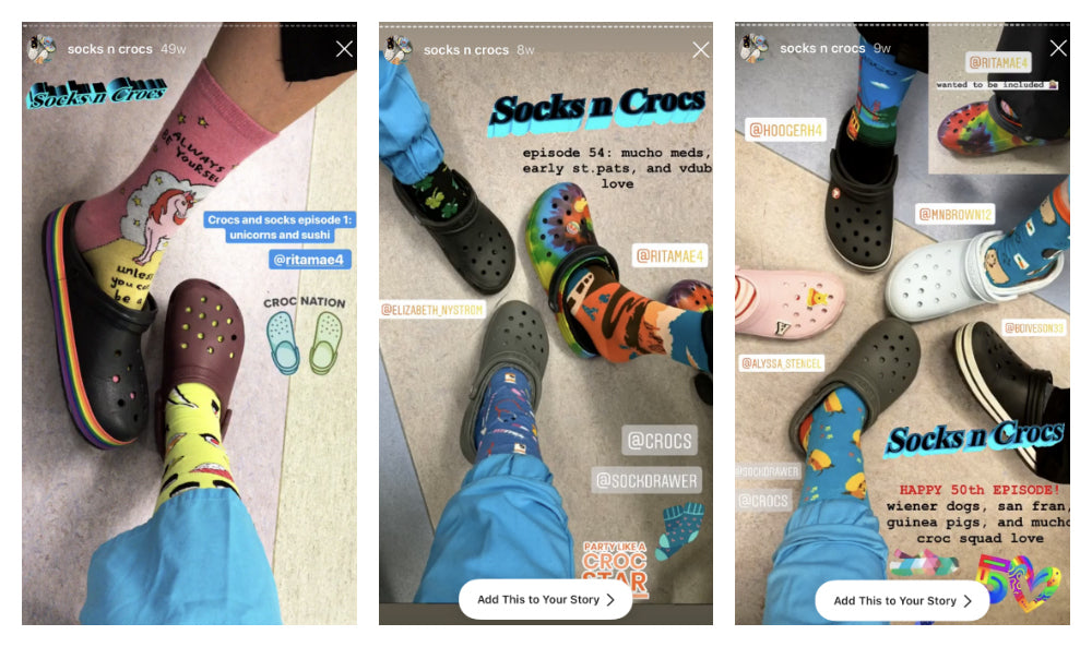 Instagram posts of medical workers wearing fun novelty socks with Crocs shoes