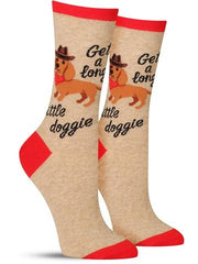 Cute women's dog socks that say, "Get a long little doggie"