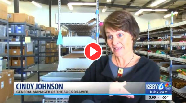 Sock Drawer general manager Cindy Johnson gives a news interview about our shipping bags