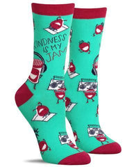 Funny women's socks that say, "Kindness is my jam"