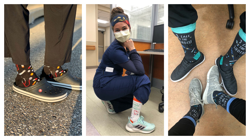 Healthcare workers wearing fun medical socks
