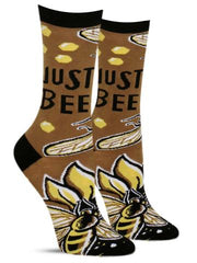 Cute women's socks that say, "Just bee"