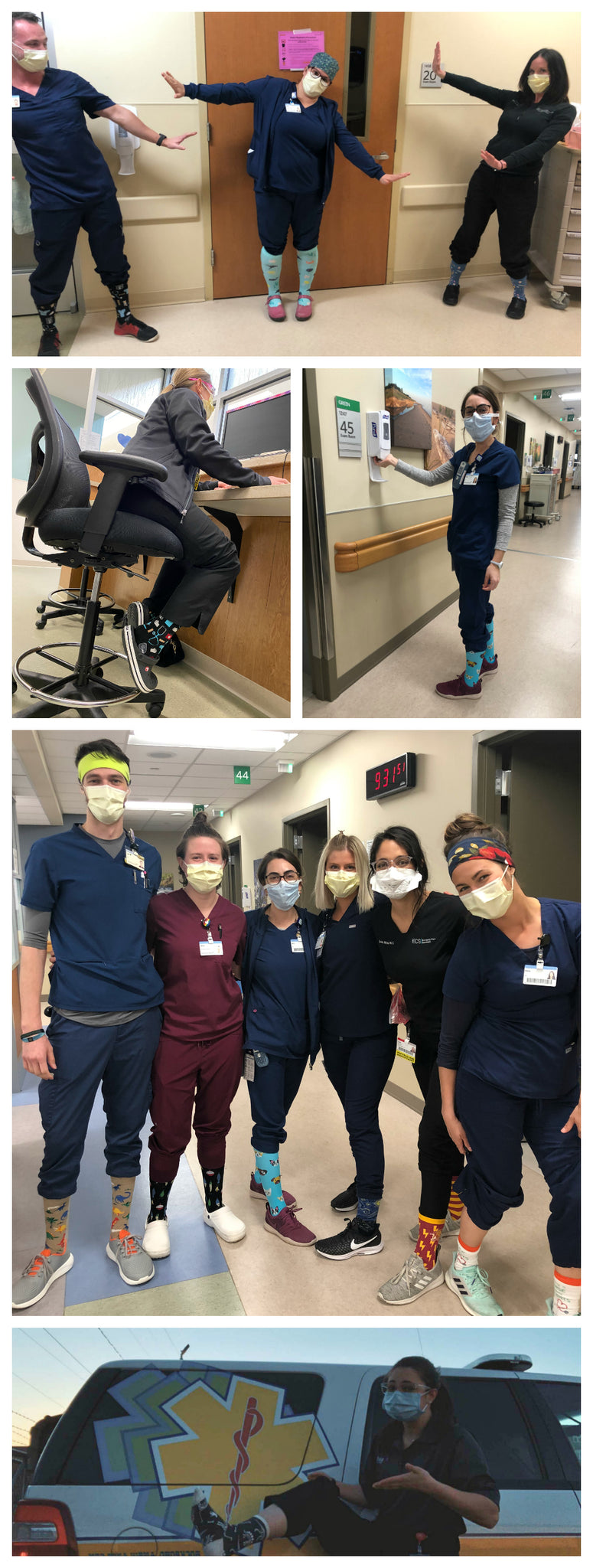 Medical workers wearing fun novelty socks while working at a hospital