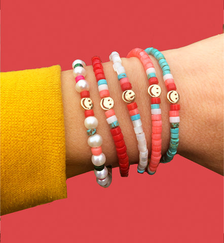 Heishi Beaded Bracelets with Smiley Face