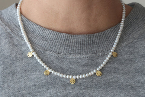 Pearl Necklace with Smiley Bead Charm