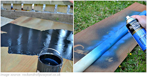 spray painting a diy chalkboard for kids