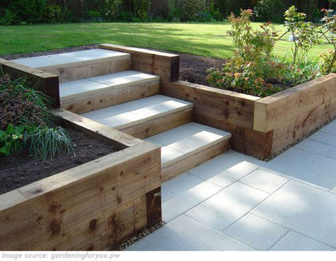 Steps in sloped garden with retaining wall