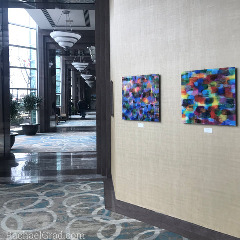 2019-04-08 Colorful Abstract Art Prints on View at the Hilton Toronto/Markham Suites by artist rachael grad april 2019 2 dot prints hotel corridor