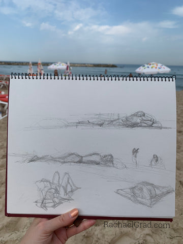 Pencil drawing on the beach by Toronto Artist Rachael Grad 