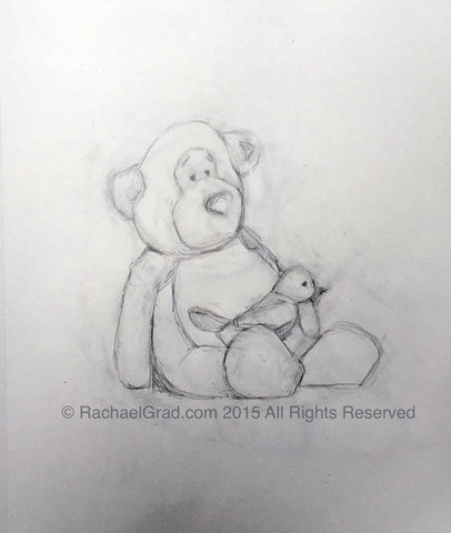 Teddy Bear & Toy Bird 1, Pencil on Paper Drawing, 9″ x 12″, 2015. Rachael Grad Fine Art