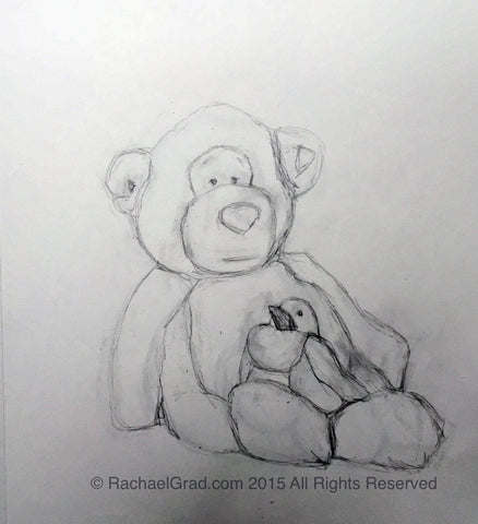 Teddy Bear & Toy Bird 2, Pencil on Paper Drawing, 9″ x 12″, 2015. Rachael Grad Fine Art