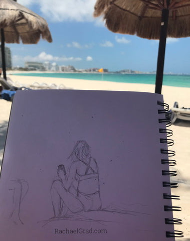 Drawing woman seated beach club med Cancún Yucatan Mexico by Artist Rachael Grad 