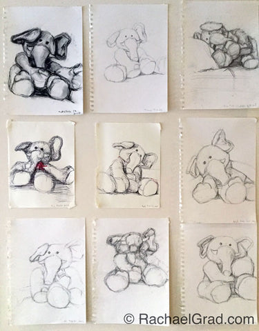 Wall of Toy Elephant Drawings, Pencil, Pen & Charcoal on Paper, 9″ x 12″, 2015 rachael grad original artwork