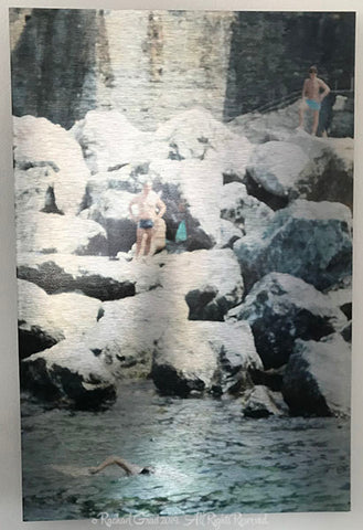 4 swimmers on the rocks cinque terre italy limited edition art print on metal rachael grad artist