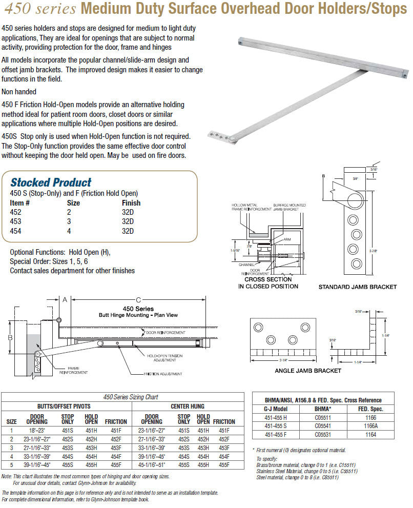 Glynn Johnson 450 Series Medium Duty Surface Overhead Door Holders