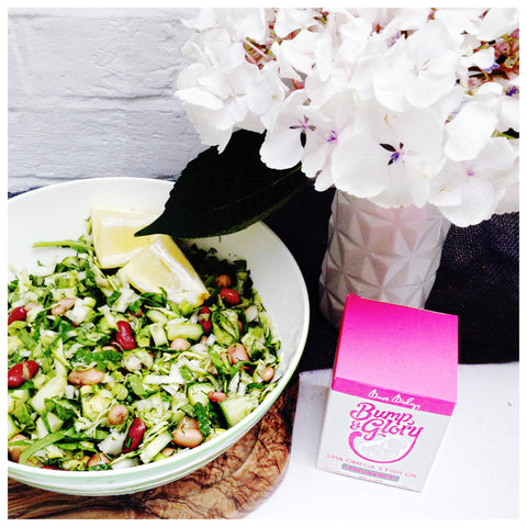 Super Green Folate Salad featuring Bare Biology Bump & Glory omega 3 for pregnancy