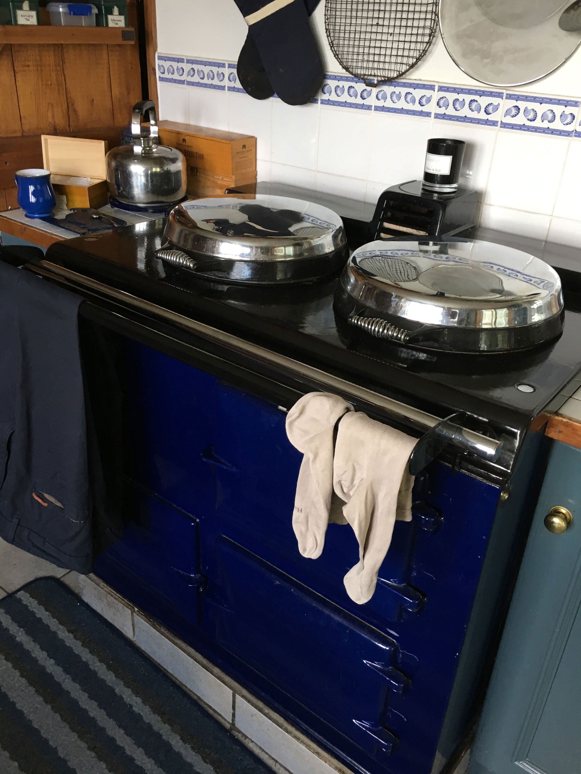 Blue Aga range cooker with drying rail