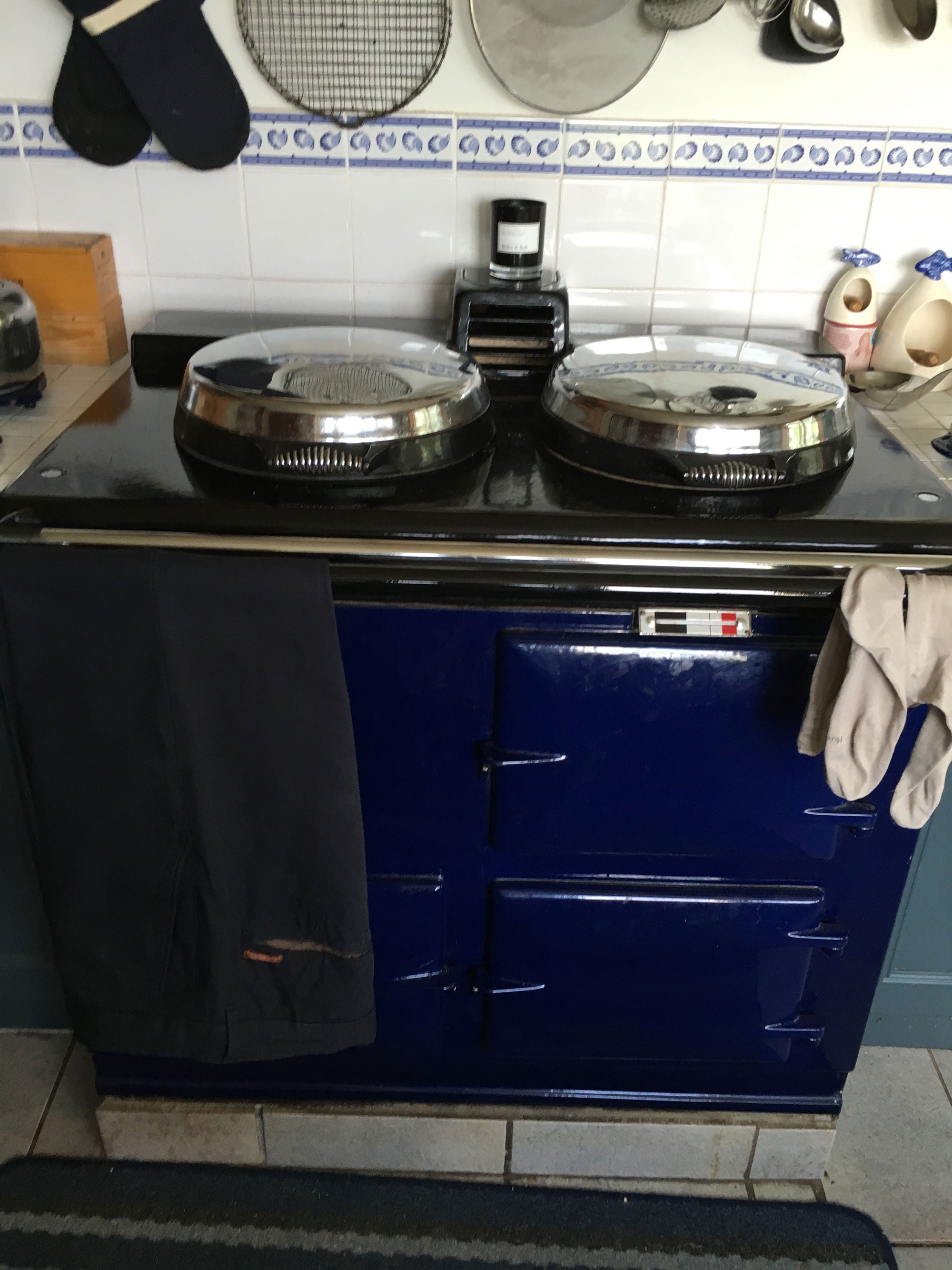 Blue Aga range cooker with drying rail