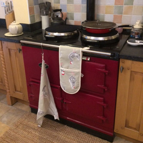 Red cooker with chicken oven gloves and tea towel