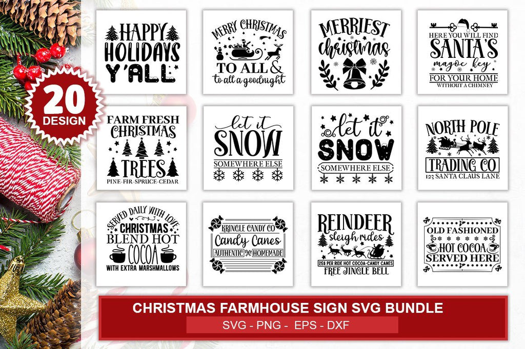 Christmas SVG Bundle Holidays Greetings Christmas Words Bundle 10 SVG+PNG Files Christmas Farmhouse Christmas