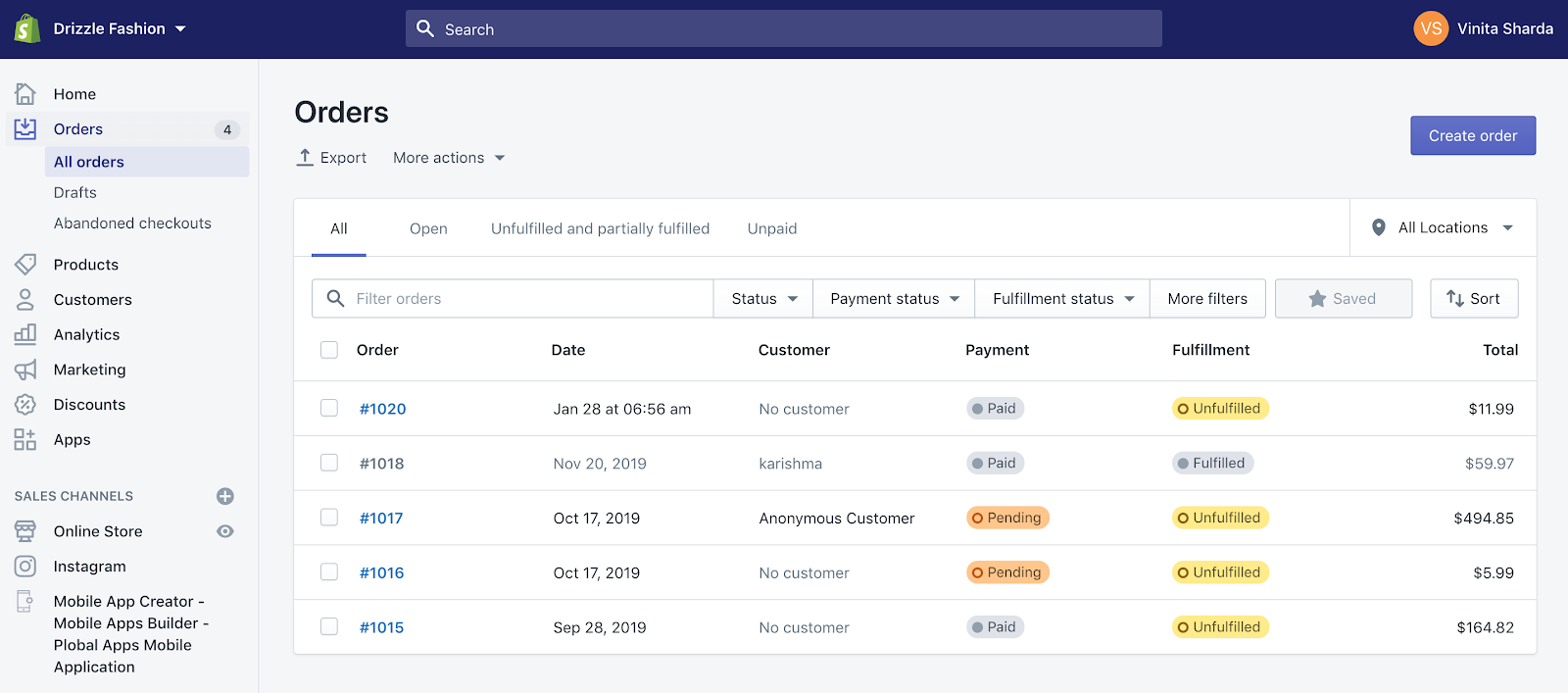 accepting orders dashboard shopify