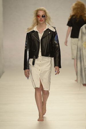 Claire Barrow Spring/Summer 2014 Look 10 painted leather biker jacket and silk shirt dress