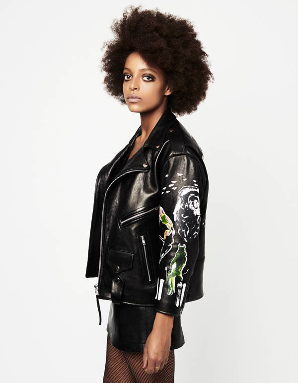 Claire Barrow for matchesfashion.com ‘The Earth’s Angels’ screen printed leather biker jacket front