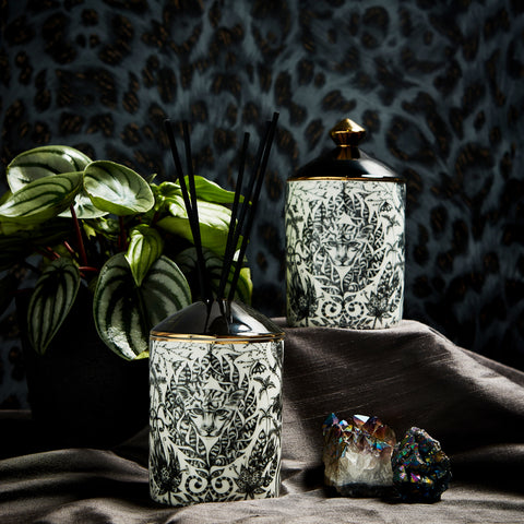 On the Left - the Amazon scented Candle and Diffuser, created to evoke the jungle dreamworld behind the Amazon design, with juicy notes of ripening fig set on a fresh yet woody base of cedarwood creating a playful melange of aromas. On the right - The Lynx scented Candle and Diffuser, with exuberant and seductive notes of Tuberose and Gingerlily, set on an Amber and Musky base which takes you on a truly magical fragrance adventure. 
