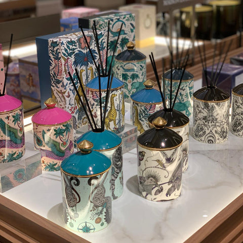 Candles displayed in store at Harrods - Our Home Fragrance collection can be found exclusively on our site and in store at Harrods 