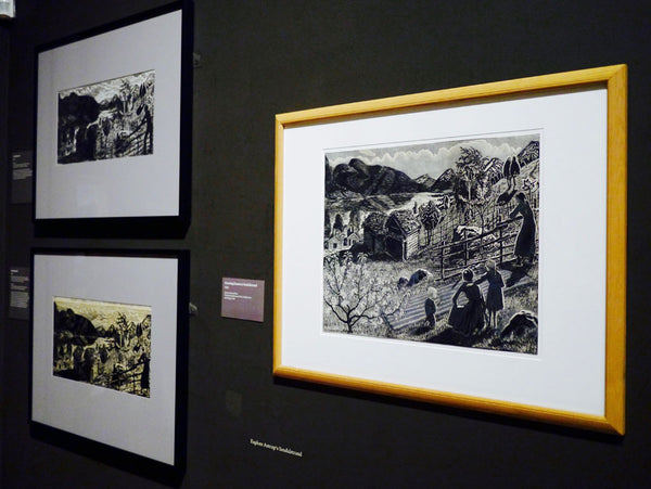 Left: Nikolai Astrup, 'Sandalstrand', 1917. Black and white woodcut on paper. Right: Nikolai Astrup, 'Marsh Marigold Night', c.1915. Black and white woodcut with was on paper.