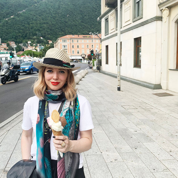 A trip to Como wouldn't be complete without gelato! Wearing the Frontier silk chiffon scarf (left) and Frontier silk skinny scarf (right).