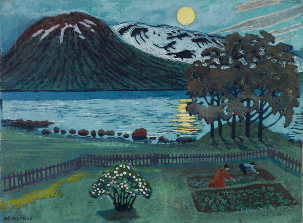 Left: Nikolai Astrup, 'Moon in May', 1908. Colour woodcut on paper. Right: Nikolai Astrup, 'A Night in June in the Garden', 1909. Colour woodcut on paper. 